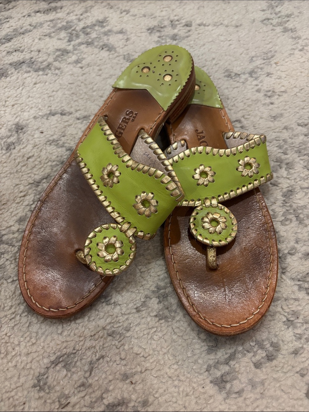 Jack Rogers Lime Green Leather Toe-Loop Sandals with Gold Detailing
